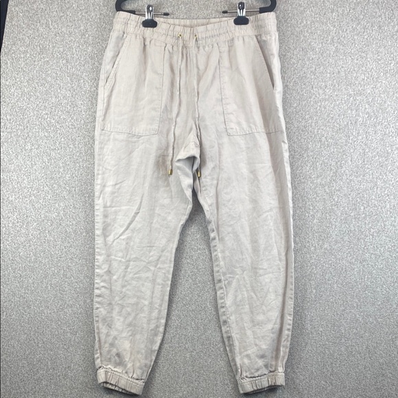 Ellen Tracy linen joggers M tan lightweight breathable travel casual high waist - Picture 1 of 11